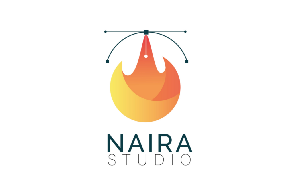 Logo de l'agence Naira Studio, représentant une flamme. Le bout de la flamme forme la pointe d'une plume représentant l'outil de vectorisation.