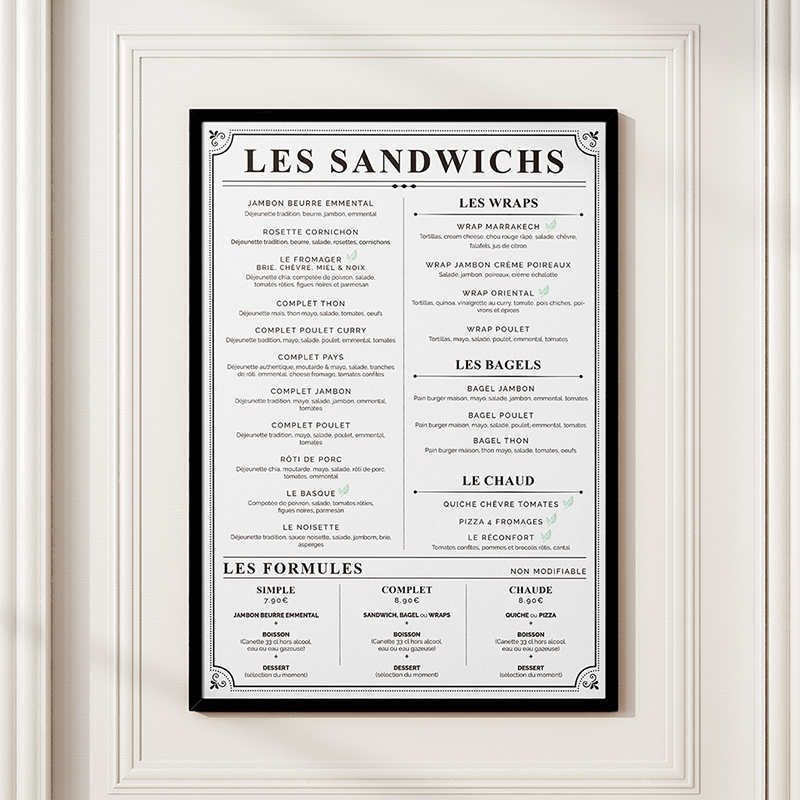 Grande affiche pour présenter les sandwich de la boulangerie l'Arbre à pain. Le design est épuré, noir et blanc avec un style élégant.